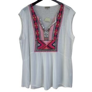 Lucky Brand Split Neck Embroidered Top